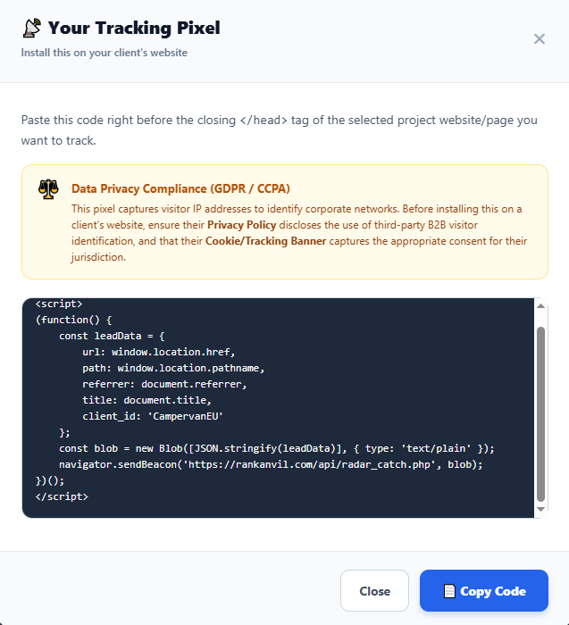 B2B Radar Tracking Pixel Modal